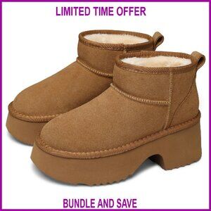 Genuine Suede Leather Platform Ankle Boots Winter Warm Fur Lined